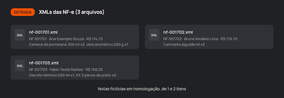 Entrada da demonstração: XMLs das NF-e (modelo 55): arquivos, pasta com subpastas ou ZIP
