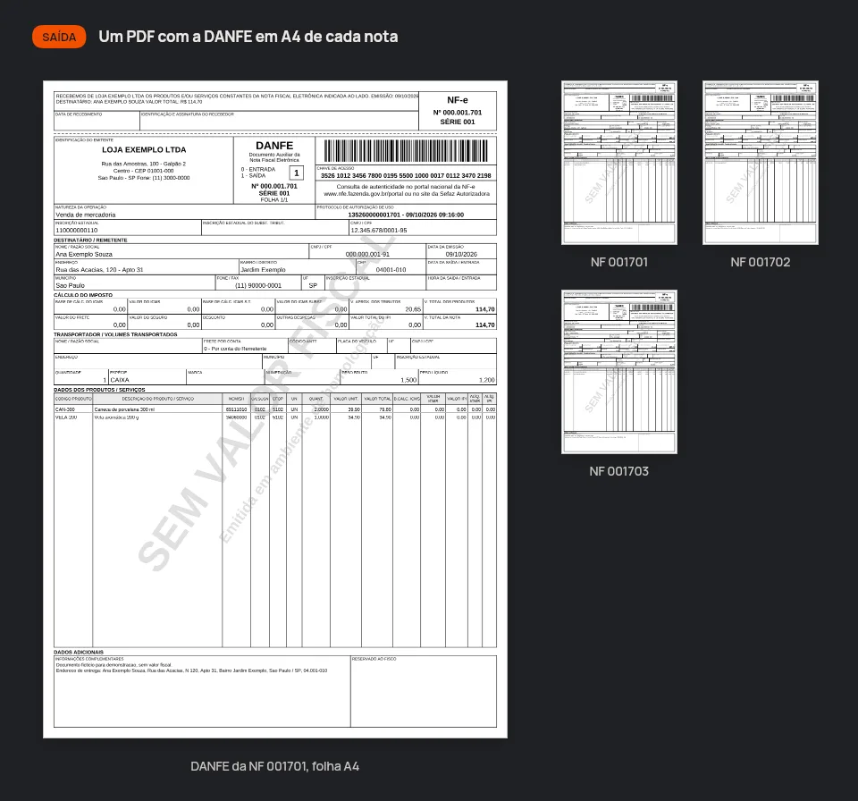 Saída da demonstração: Um PDF com as DANFEs de todas as notas, na ordem de emitente, série e número